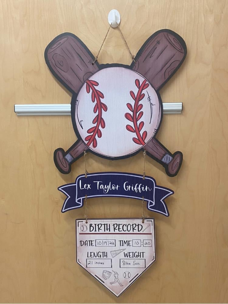 Baseball and home plate baby hospital door hanger, Birth