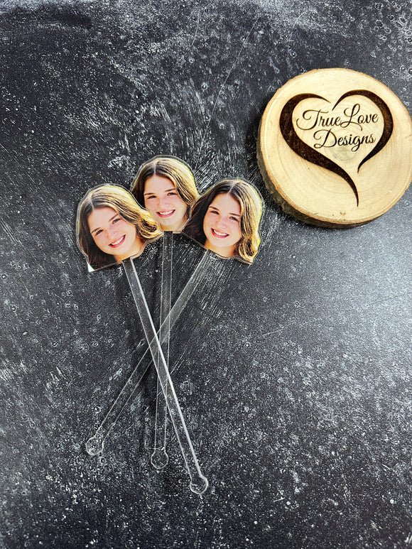 Custom drink stirrers, Pack of 24, face, birthday, party, people, pets, retirement, wedding, bachelorette, personalized swizzle sticks, acrylic stirrer