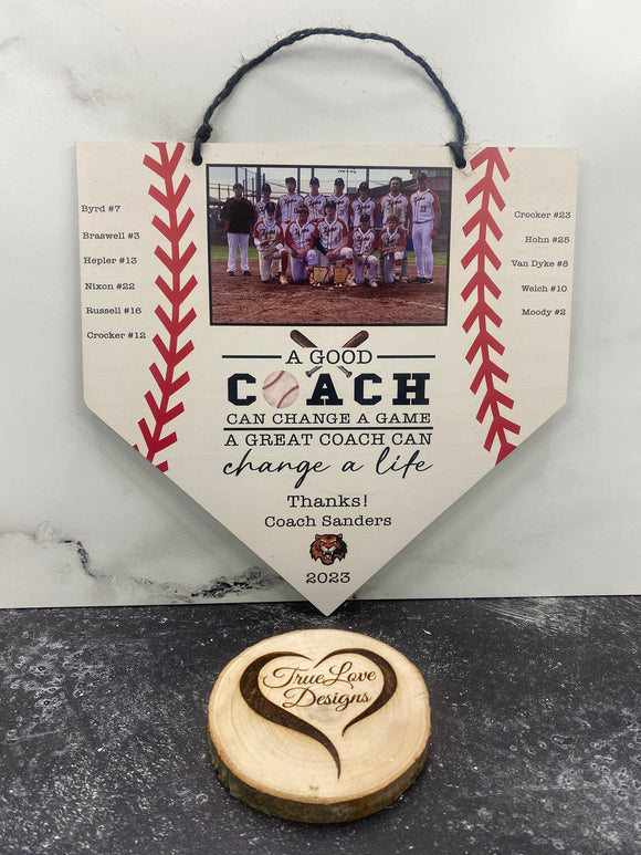 Personalized Baseball Coach Gift, End of Season Manager Gift, Team Gift, Team Photo Hanging Plaque, A Great Coach Can Change A Life, MVP