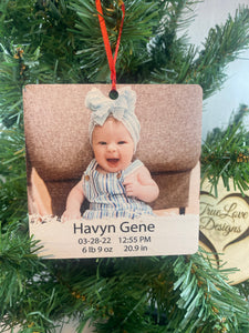 New Baby Birth Stats Square Ornament, First Christmas Ornament, Baby Photo Ornament, New Mommy Gift, Baby Keepsake Ornament, Baby Shower