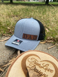 Dad Leather Patch, Richardson 112 Hat, Heather Gray/Black w/ Rawhide Patch, Engraved Patch