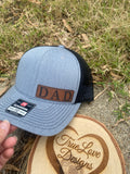 Dad Leather Patch, Richardson 112 Hat, Heather Gray/Black w/ Rawhide Patch, Engraved Patch