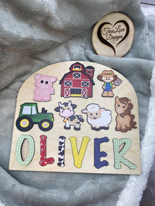 Farm Theme Wooden Name Puzzle, Name Puzzle for Toddlers, Montessori Baby Toy, Gift for Kids, Kids Birthday Gift, Toys for Learning