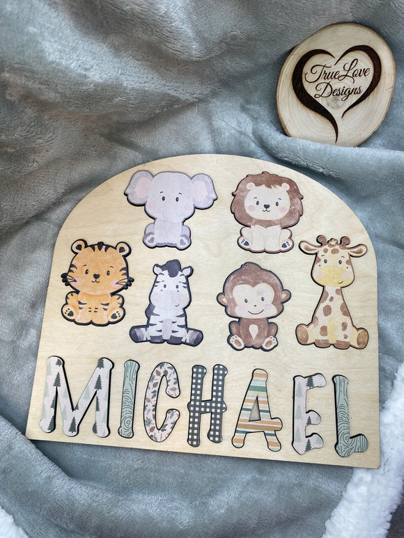 Safari Animal - Boy Theme Wooden Name Puzzle, Name Puzzle for Toddlers, Montessori Baby Toy, Gift for Kids, Birthday Gift, Toys for Learning