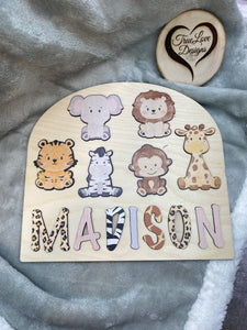Safari Animal - Girl Theme Wooden Name Puzzle, Name Puzzle for Toddlers, Montessori Baby Toy, Gift for Kids, Birthday Gift Toys for Learning