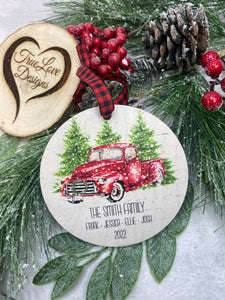Family Name Ornament | Last Name Ornament | Personalized Christmas Ornament | Newlywed Ornament | Wood Ornament | Red Truck Christmas Trees