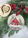 Family Name Ornament | Red Cabin Christmas Winter | Last Name Ornament | Personalized Christmas Ornament | Newlywed Ornament | Wood Ornament