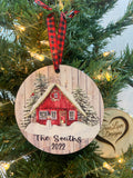 Family Name Ornament | Red Cabin Christmas Winter | Last Name Ornament | Personalized Christmas Ornament | Newlywed Ornament | Wood Ornament