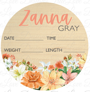 Light Wood Grain Orange & Lilly Floral Baby Birth Stats, Personalized, Keepsake, Baby Room Decor, Newborn Birth Stats, Baby Birth Announcement Sign
